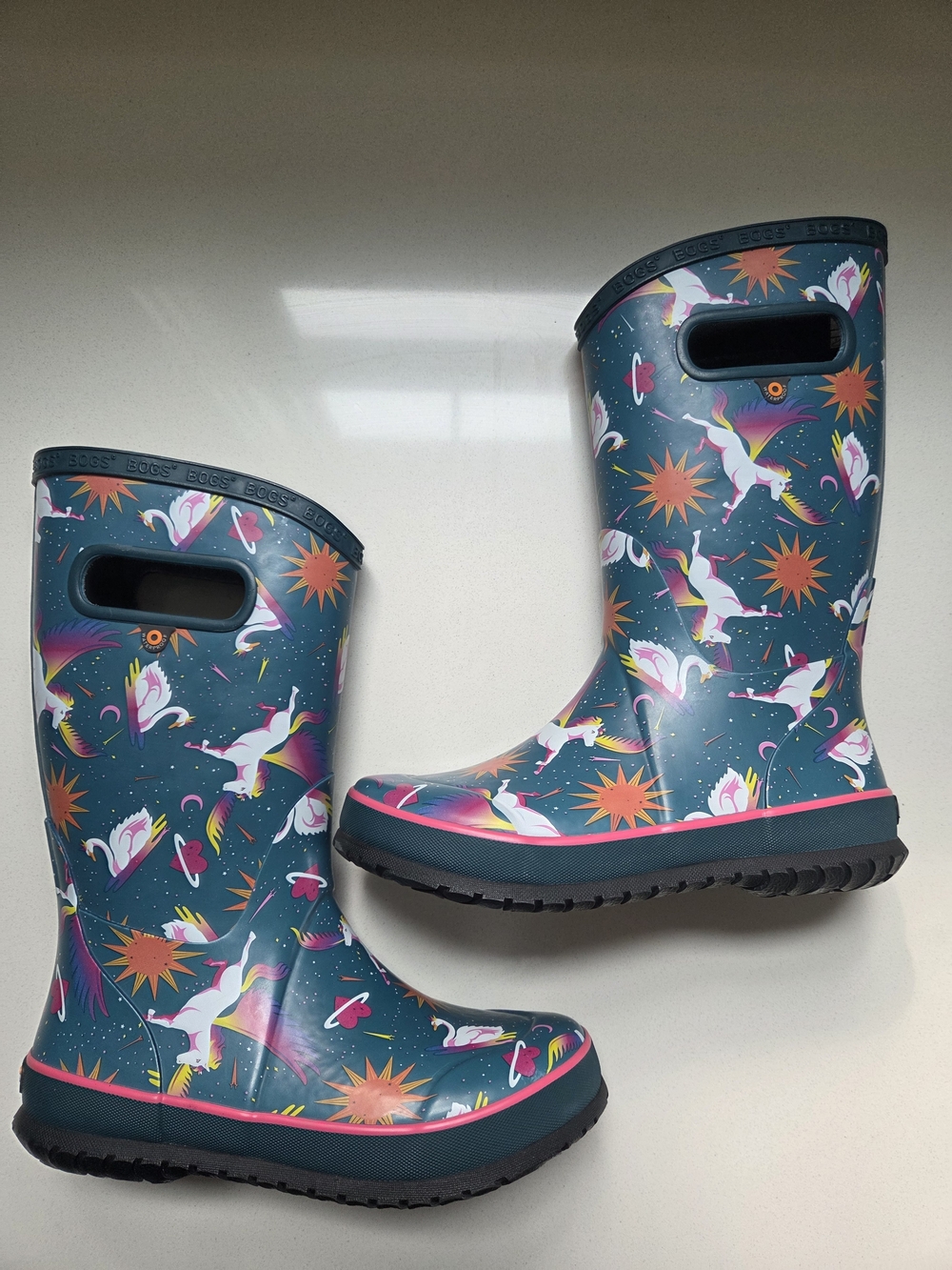 Bogs Kids Teal Rain Boots with Pink Trim and Unicorn Print